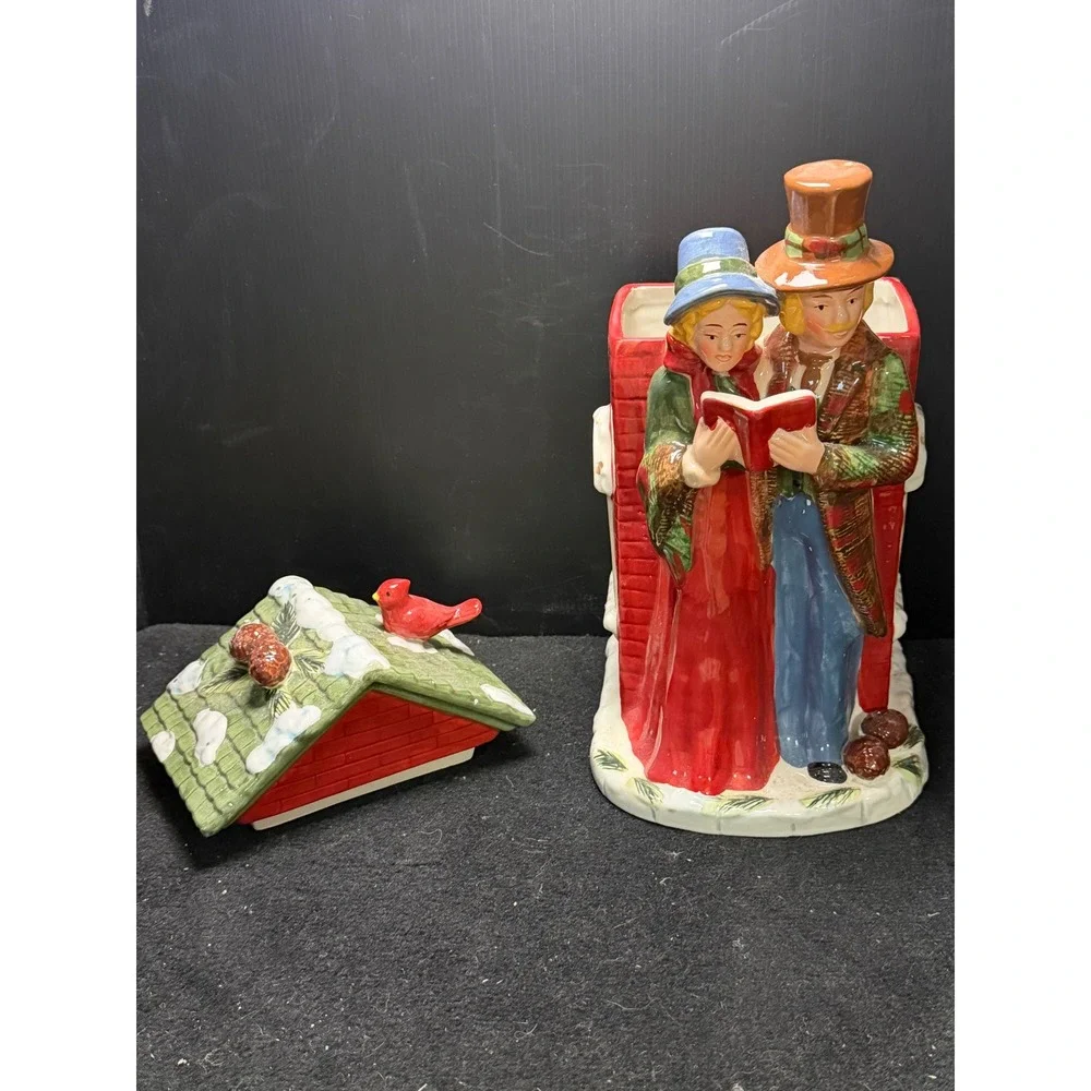 Vintage Christmas Carolers Ceramic Cookie Jar Victorian Holiday Decor Red Brick